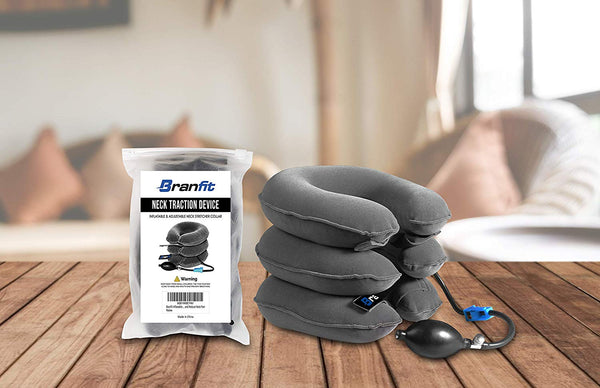Cervical Neck Traction Device and Collar Brace by BRANFIT, Inflatable and Adjustable USA Designed Neck Support & Stretcher is Ideal for Spine Alignment and Chronic Neck Pain Relief