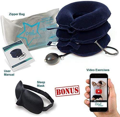 DaviSMART Cervical Neck Traction ✮ Effective Neck Pain Remedy at Home ✮ Inflatable & Adjustable Neck Stretcher Collar Device + Eye Mask Bonus (Dark Blue)