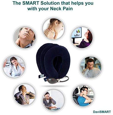 DaviSMART Cervical Neck Traction ✮ Effective Neck Pain Remedy at Home ✮ Inflatable & Adjustable Neck Stretcher Collar Device + Eye Mask Bonus (Dark Blue)