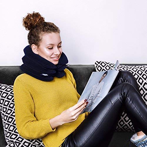 DaviSMART Cervical Neck Traction ✮ Effective Neck Pain Remedy at Home ✮ Inflatable & Adjustable Neck Stretcher Collar Device + Eye Mask Bonus (Dark Blue)