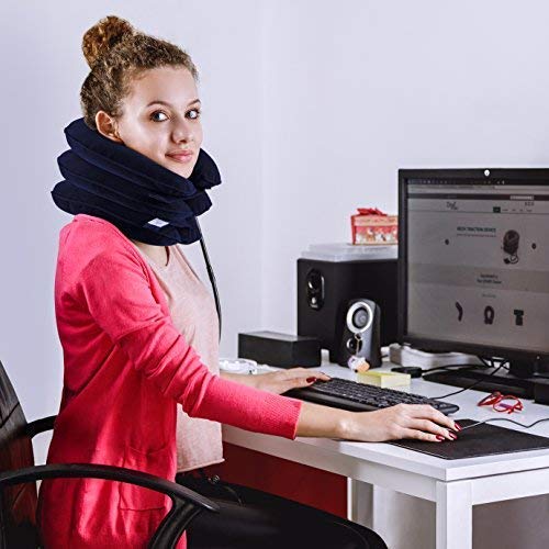 DaviSMART Cervical Neck Traction ✮ Effective Neck Pain Remedy at Home ✮ Inflatable & Adjustable Neck Stretcher Collar Device + Eye Mask Bonus (Dark Blue)