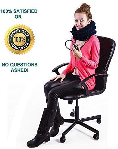 DaviSMART Cervical Neck Traction ✮ Effective Neck Pain Remedy at Home ✮ Inflatable & Adjustable Neck Stretcher Collar Device + Eye Mask Bonus (Dark Blue)