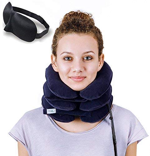 DaviSMART Cervical Neck Traction ✮ Effective Neck Pain Remedy at Home ✮ Inflatable & Adjustable Neck Stretcher Collar Device + Eye Mask Bonus (Dark Blue)