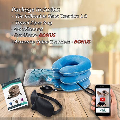 DaviSMART Cervical Neck Traction ✮ Effective Neck Pain Remedy at Home ✮ Inflatable & Adjustable Neck Stretcher Collar Device + Eye Mask Bonus (Light Blue)