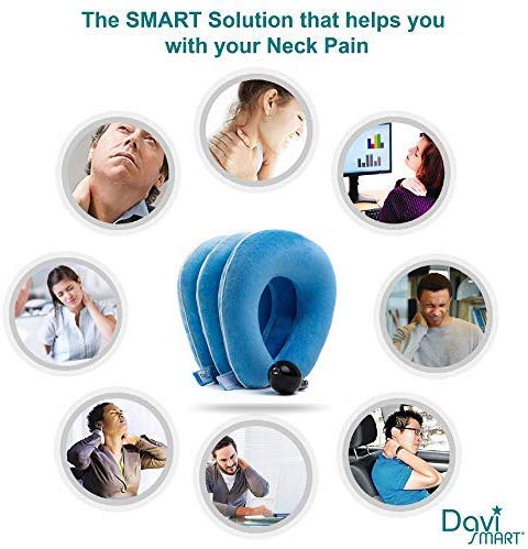 DaviSMART Cervical Neck Traction ✮ Effective Neck Pain Remedy at Home ✮ Inflatable & Adjustable Neck Stretcher Collar Device + Eye Mask Bonus (Light Blue)