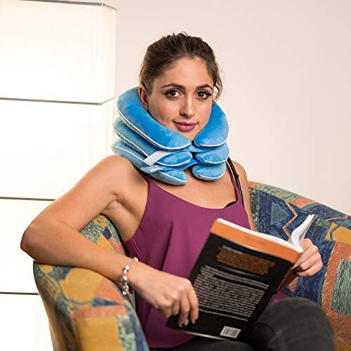 DaviSMART Cervical Neck Traction ✮ Effective Neck Pain Remedy at Home ✮ Inflatable & Adjustable Neck Stretcher Collar Device + Eye Mask Bonus (Light Blue)