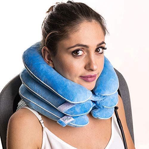DaviSMART Cervical Neck Traction ✮ Effective Neck Pain Remedy at Home ✮ Inflatable & Adjustable Neck Stretcher Collar Device + Eye Mask Bonus (Light Blue)