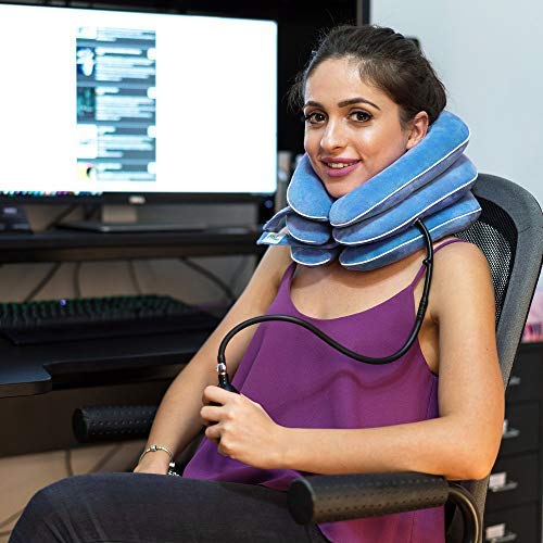 DaviSMART Cervical Neck Traction ✮ Effective Neck Pain Remedy at Home ✮ Inflatable & Adjustable Neck Stretcher Collar Device + Eye Mask Bonus (Light Blue)