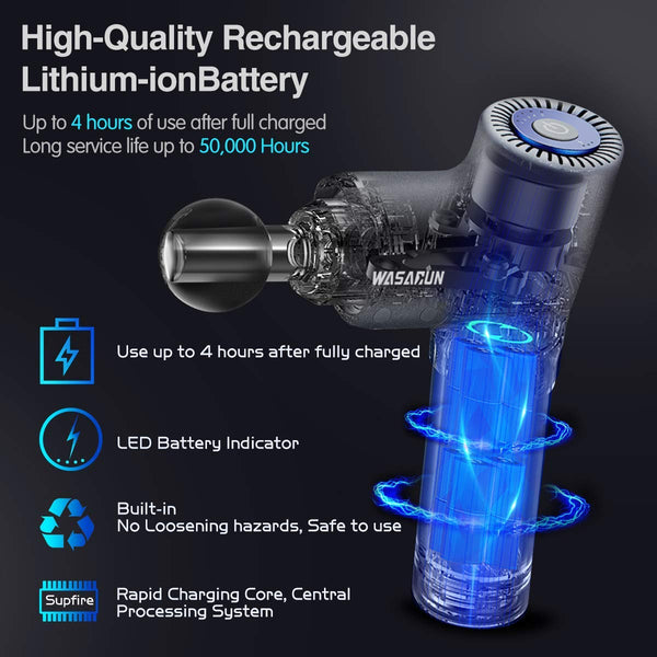 Muscle Massage Gun, WASAGUN Professional Handheld Vibration Massager Device with 5 Adjustable Speed, 4 Attachments, Cordless Electric Percussion Full Body Muscle Massage Equipment & Portable Bag