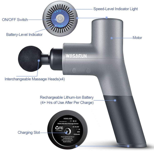 Muscle Massage Gun, WASAGUN Professional Handheld Vibration Massager Device with 5 Adjustable Speed, 4 Attachments, Cordless Electric Percussion Full Body Muscle Massage Equipment & Portable Bag