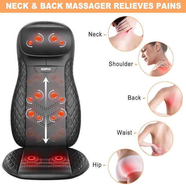 RENPHO Back & Neck Massager, Shiatsu Chair Massager Office Massage Seat Cushion with Heat, Vibration, Deep Kneading, Electric Massage Pad with Adjustable Pillow, Relieve Pain on Neck, Back, Shoulders