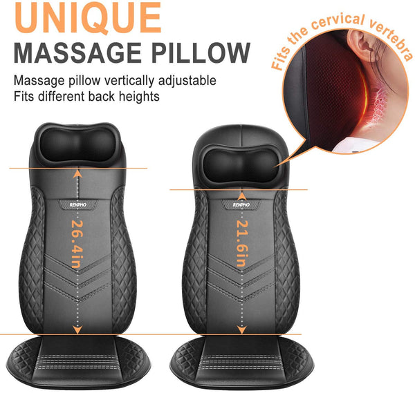 RENPHO Back & Neck Massager, Shiatsu Chair Massager Office Massage Seat Cushion with Heat, Vibration, Deep Kneading, Electric Massage Pad with Adjustable Pillow, Relieve Pain on Neck, Back, Shoulders