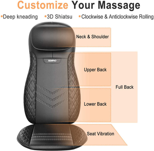 RENPHO Back & Neck Massager, Shiatsu Chair Massager Office Massage Seat Cushion with Heat, Vibration, Deep Kneading, Electric Massage Pad with Adjustable Pillow, Relieve Pain on Neck, Back, Shoulders