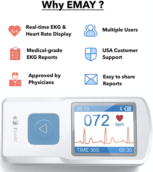 EMAY Portable ECG Monitor (for iPhone & Android, Mac & Windows) | Wireless EKG Monitoring Devices with Heart Rate & Rhythm Tracking