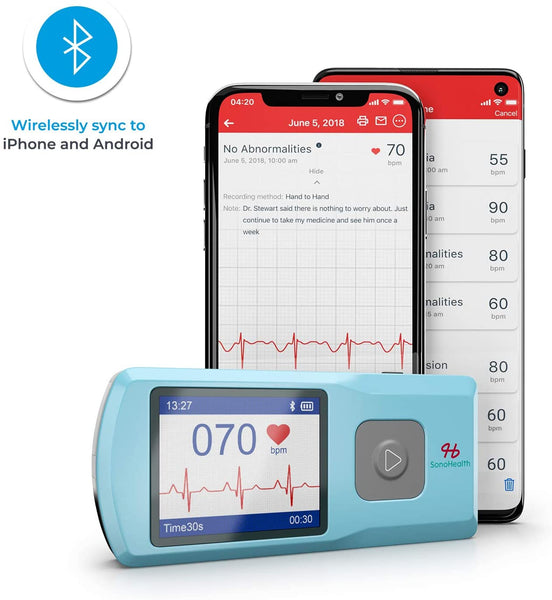 SonoHealth Portable EKG Heart Rate Monitor | Wireless Handheld Home ECG Cardio & Electrocardiogram Machine | Biofeedback Finger & Chest Leads View Irregular Cardiac Arrhythmia Vitals on a Mobile Phone