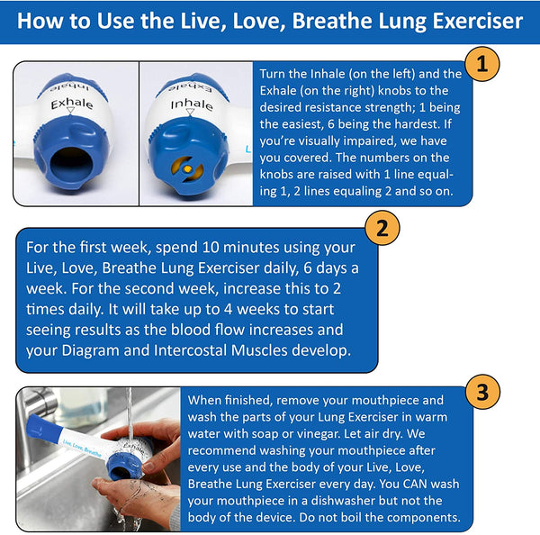 Live, Love, Breathe - USA Made Lung Exerciser Inspiratory, Expiratory Intercostal and Diaphragm Muscle Trainer, Lung Strengthener and Trainer for Children and Adults