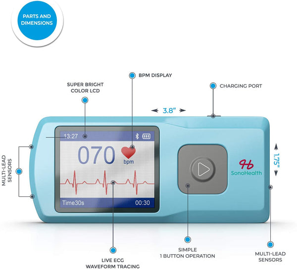 SonoHealth Portable EKG Heart Rate Monitor | Wireless Handheld Home ECG Cardio & Electrocardiogram Machine | Biofeedback Finger & Chest Leads View Irregular Cardiac Arrhythmia Vitals on a Mobile Phone