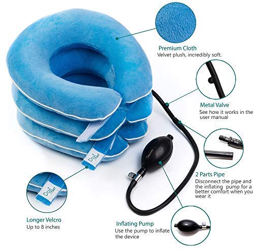 DaviSMART Cervical Neck Traction ✮ Effective Neck Pain Remedy at Home ✮ Inflatable & Adjustable Neck Stretcher Collar Device + Eye Mask Bonus (Light Blue)