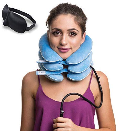 DaviSMART Cervical Neck Traction ✮ Effective Neck Pain Remedy at Home ✮ Inflatable & Adjustable Neck Stretcher Collar Device + Eye Mask Bonus (Light Blue)