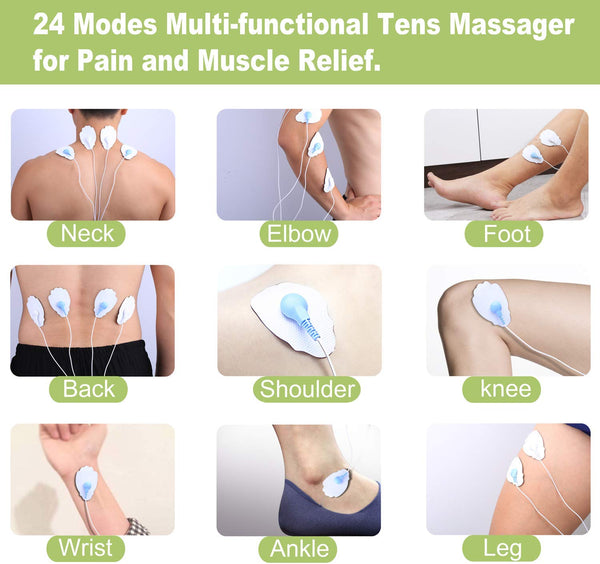 Dual Channel TENS EMS Unit 24 Modes Muscle Stimulator for Pain Relief Therapy, Electronic Pulse Massager Muscle Massager with 10 Pads, Dust-Proof Drawstring Storage Bag，Fastening Cable Ties