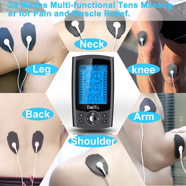 Dual Channel TENS EMS Unit 24 Modes Muscle Stimulator for Pain Relief Therapy, Electronic Pulse Massager Muscle Massager with 10 Pads, Dust-Proof Drawstring Storage Bag，Fastening Cable Ties