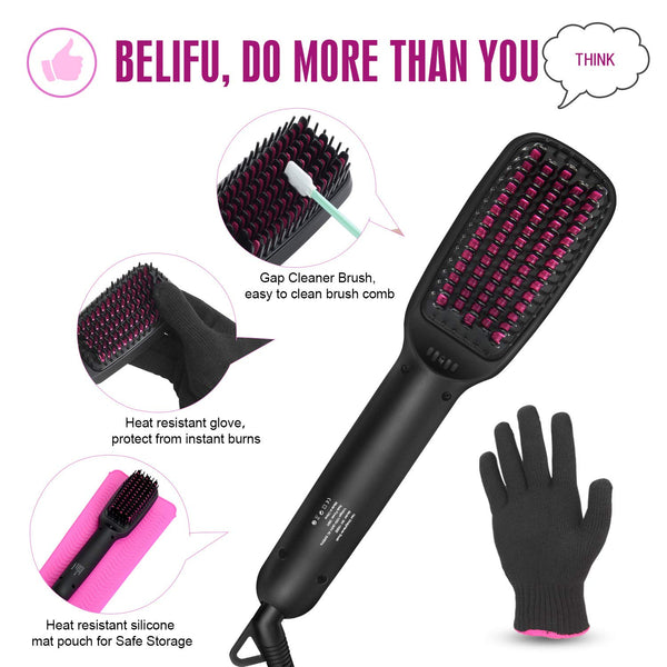 Ionic Hair Straightener Brush Dual Voltage with Silicone Mat Pouch for Safe Storage, Straightening Comb Protect Sensitive Scalp, 30s Fast Ceramic Heating, Auto Off,with Comb Cleaner and Glove