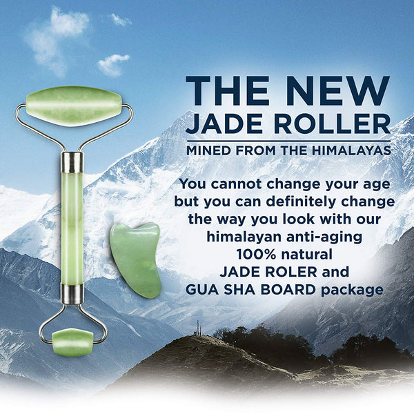 Jade Roller and Gua Sha Scraping Massage Tool - Himalayan Anti-aging 100% Natural Facial Jade Stone Set - Face Eye Neck Beauty Roller For Slimming and Firming - Rejuvenate Skin and Remove Wrinkles
