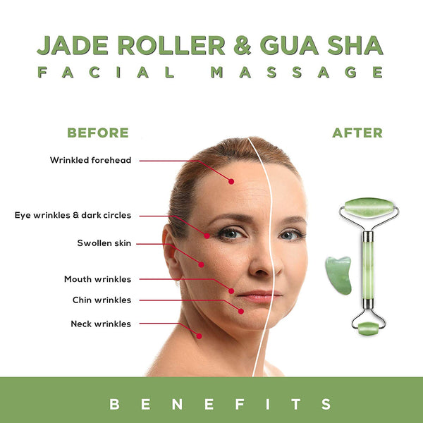 Jade Roller and Gua Sha Scraping Massage Tool - Himalayan Anti-aging 100% Natural Facial Jade Stone Set - Face Eye Neck Beauty Roller For Slimming and Firming - Rejuvenate Skin and Remove Wrinkles