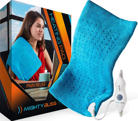 MIGHTY BLISS™ Large Electric Heating Pad for Back Pain and Cramps Relief -Extra Large [12"x24"] - Auto Shut Off - Heat Pad with Moist & Dry Heat Therapy Options - Hot Heated Pad
