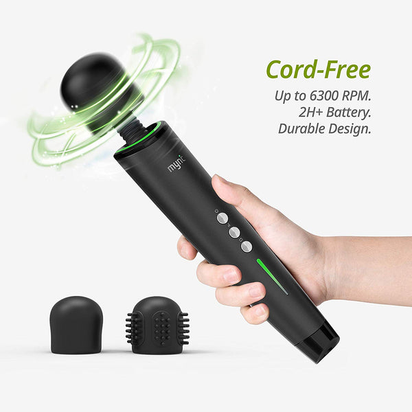 Mynt Cordless Handheld Massager, Powerful Portable Wand Massager with 2h Battery, Custom Settings and 2X Textured Massage Heads