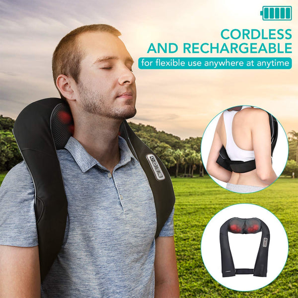 Naipo Back Neck and Shoulder Massager Shiatsu with Heat and 3D Deep Tissue Kneading for Anytime Anywhere Use (Cordless & Rechargeable)