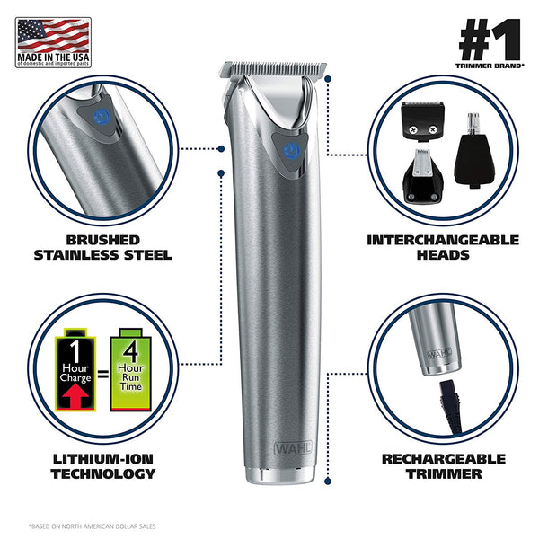 Wahl Stainless Steel Lithium Ion+ Beard Trimmer for Men, Hair Clippers, Shavers, Nose Ear Trimmers, Rechargeable All in One Men's Grooming Kit - Model 9818